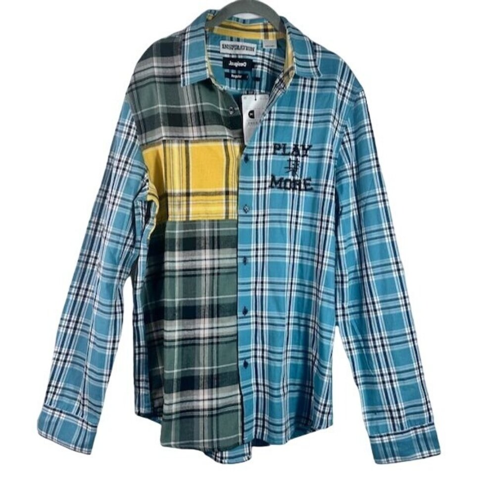 Desigual Men's Patchwork Plaid Cotton Button-Up Long Sleeve Shirt - Size M NWT